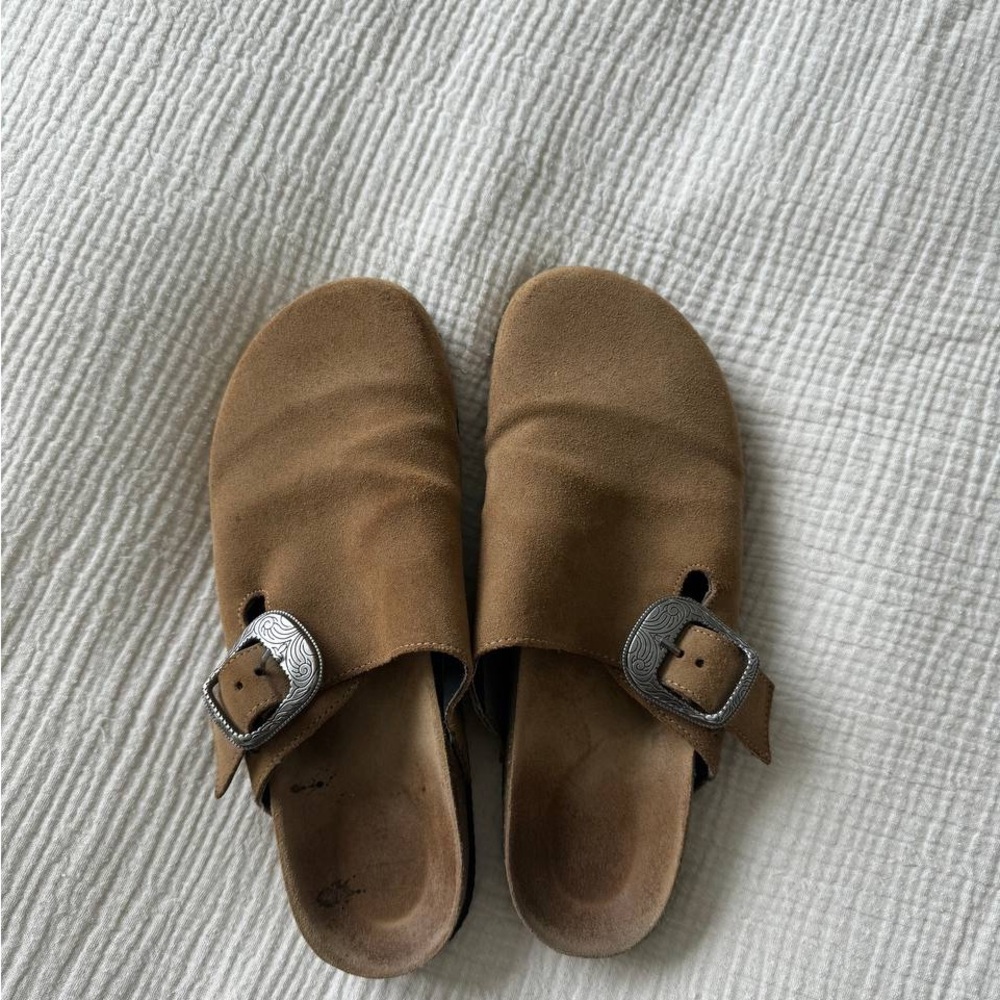 Brown Suede Slip-On Sandals with Buckle
